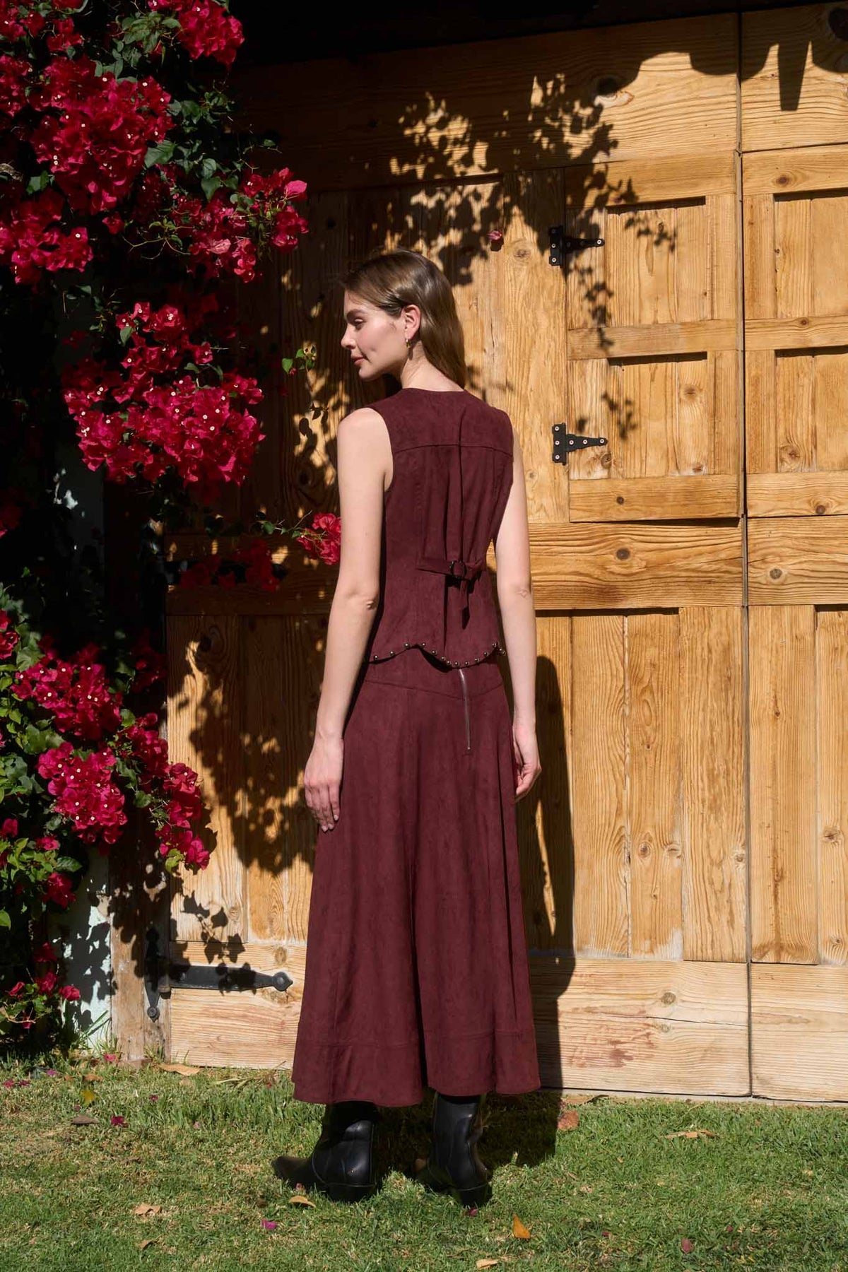 Studded Front Lace-Up Faux Suede Midi Skirt in Oxblood
