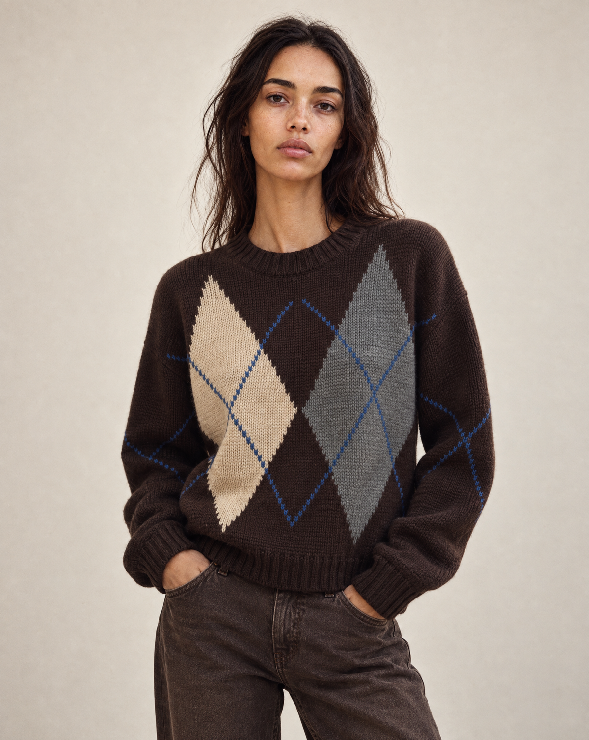 Argyle Roll Neck Pullover Sweater in Brown Multi