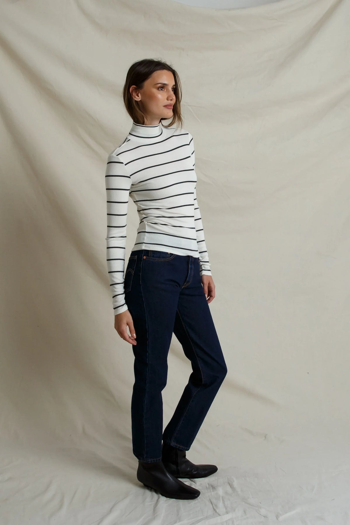 Tati Rib Turtleneck in Natural and Charcoal Stripe - view 4