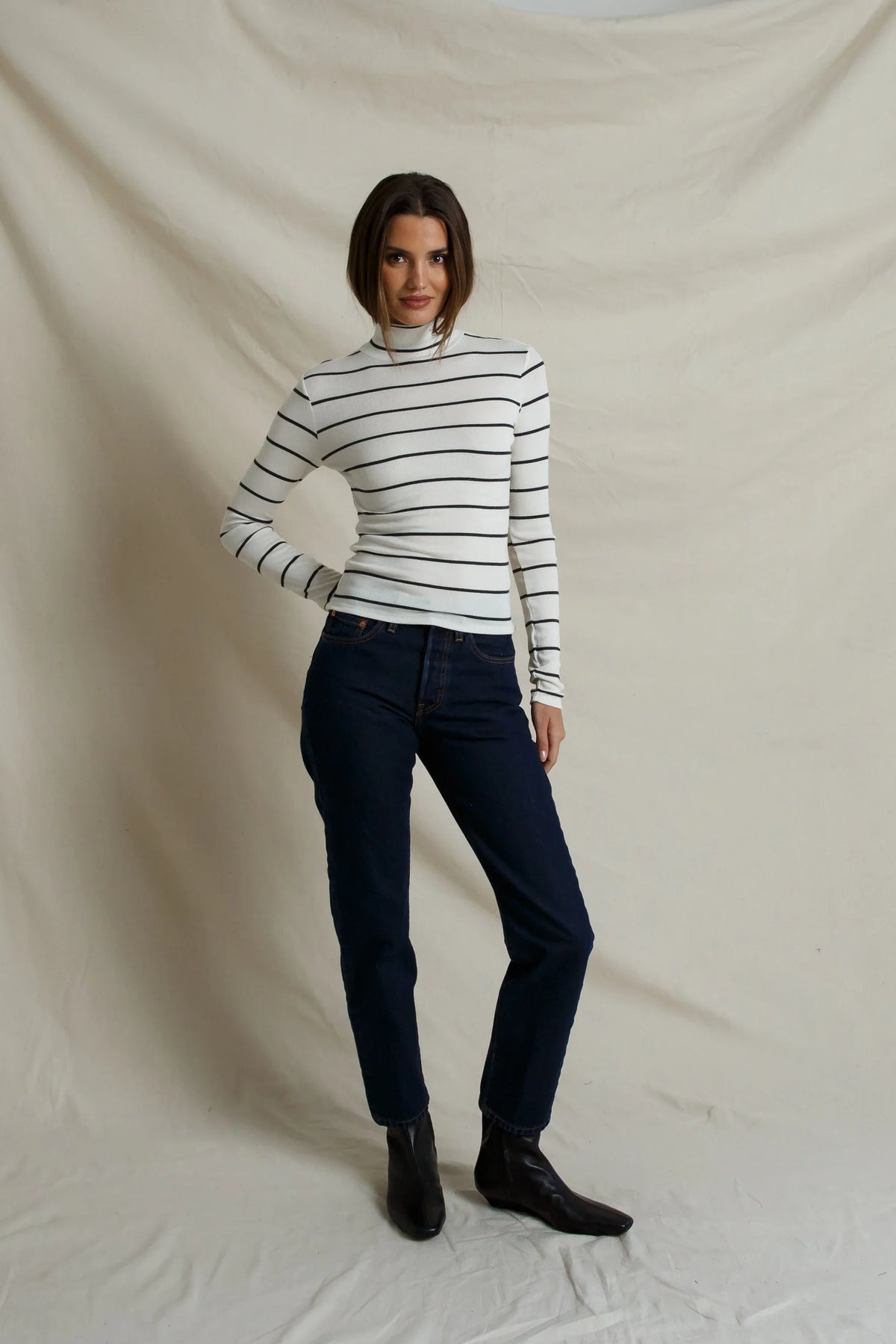 Tati Rib Turtleneck in Natural and Charcoal Stripe - view 3