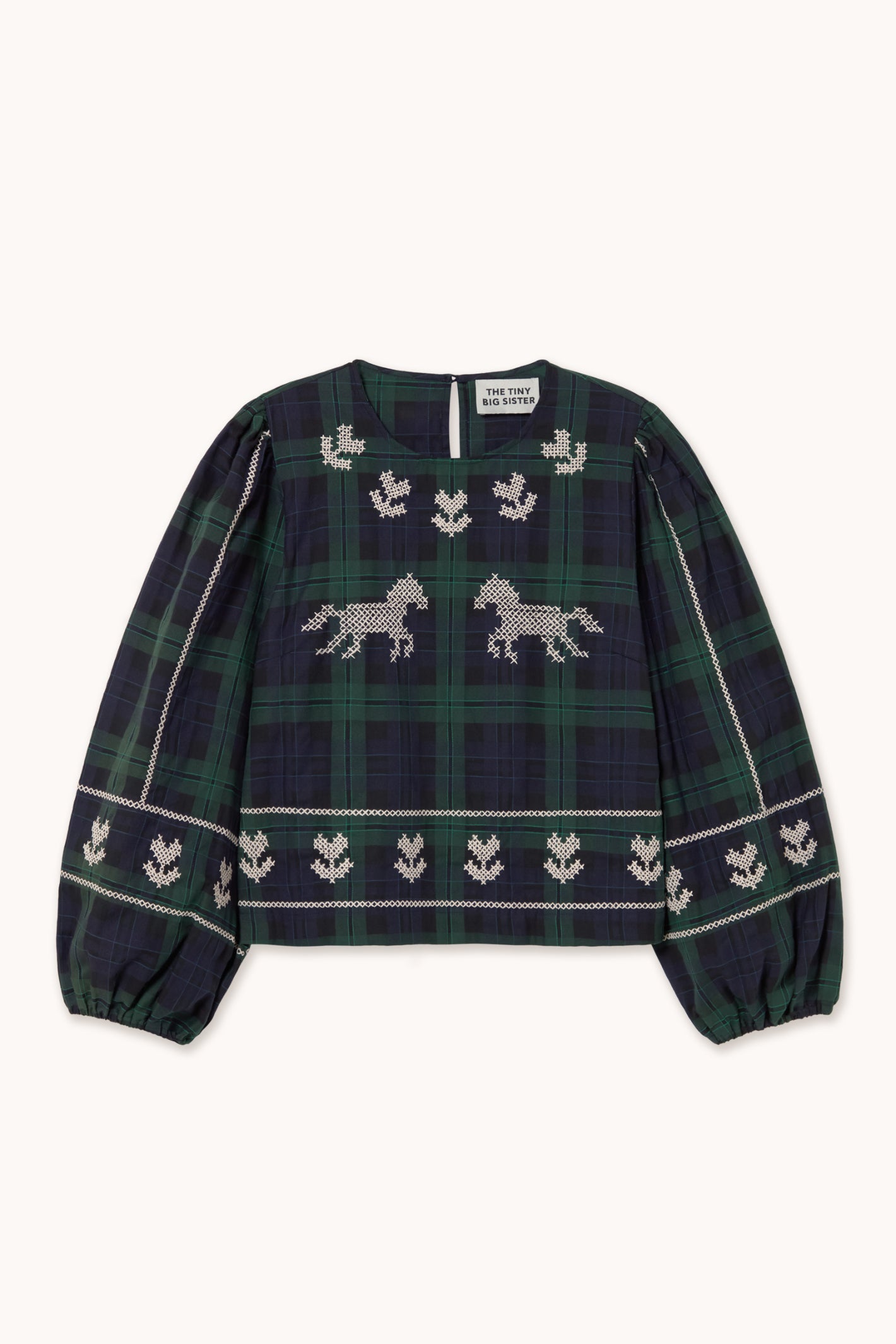 Embroidered Check Puff Sleeves Blouse in Navy and Dark Green — The Tiny Big Sister — view 1
