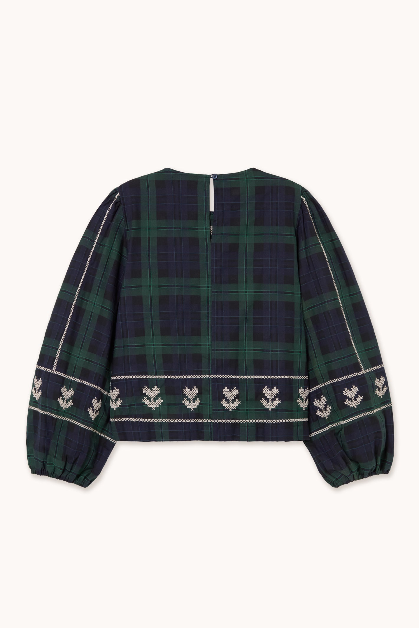 Embroidered Check Puff Sleeves Blouse in Navy and Dark Green — The Tiny Big Sister — view 2