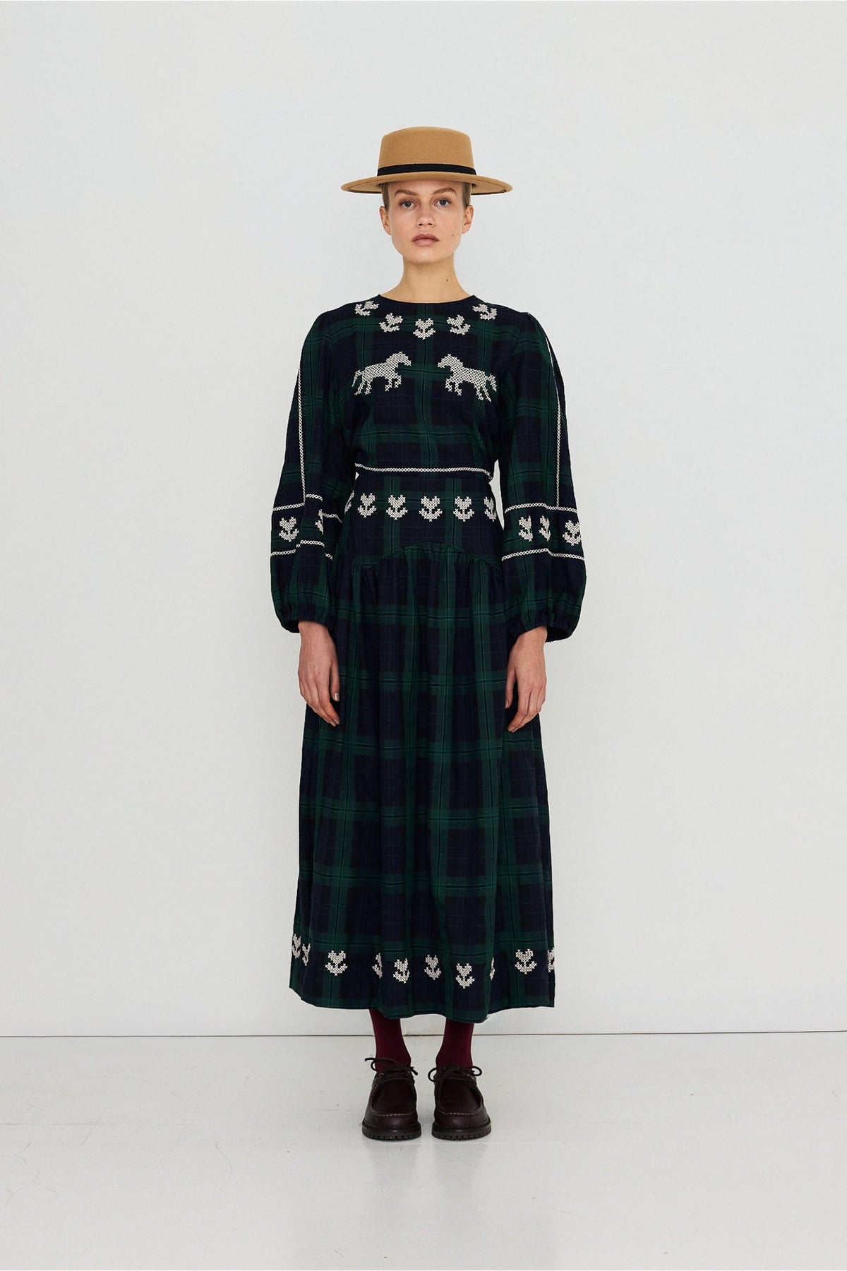 Embroidered Check Puff Sleeves Blouse in Navy and Dark Green — The Tiny Big Sister — view 4