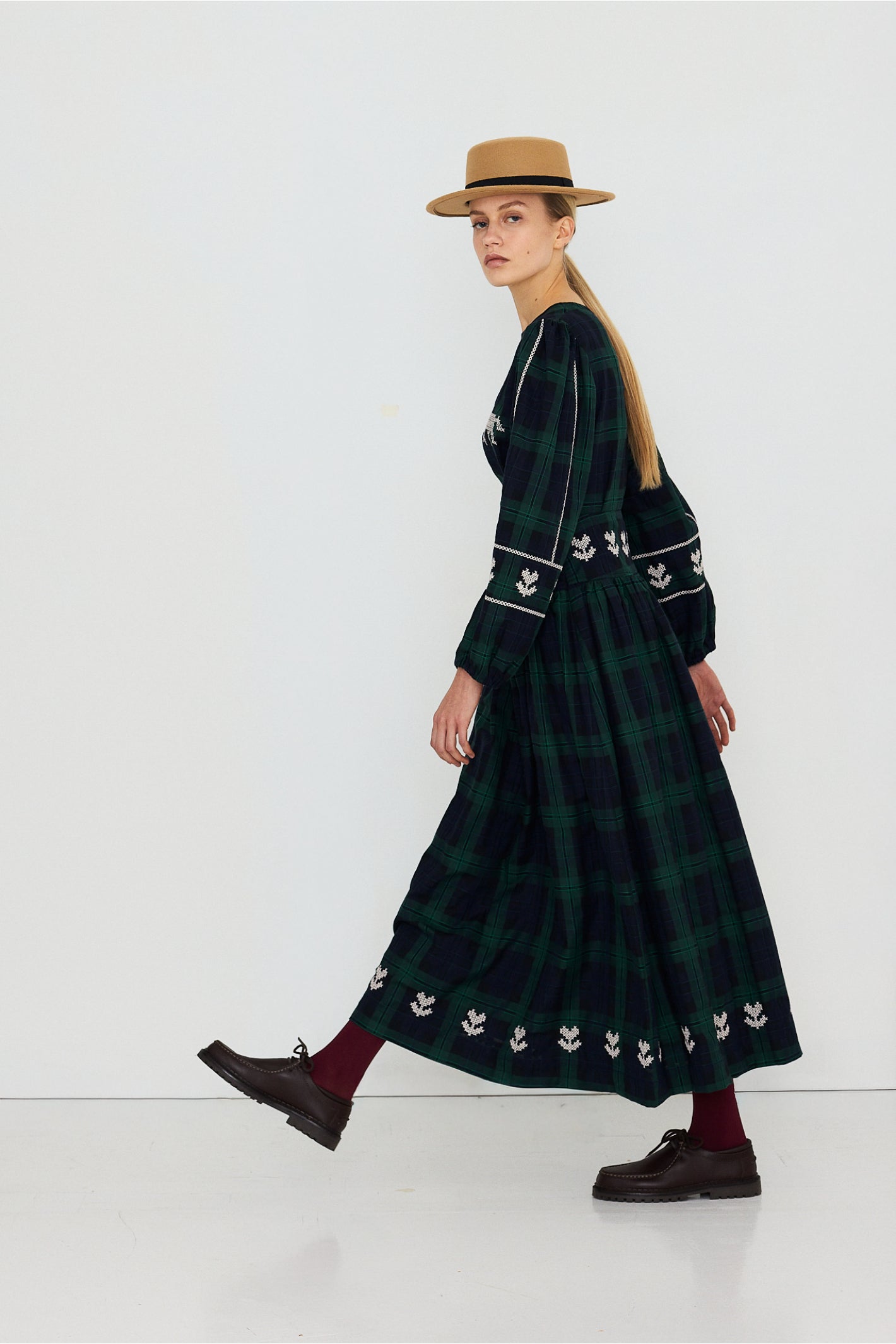 Embroidered Check Puff Sleeves Blouse in Navy and Dark Green — The Tiny Big Sister — view 6