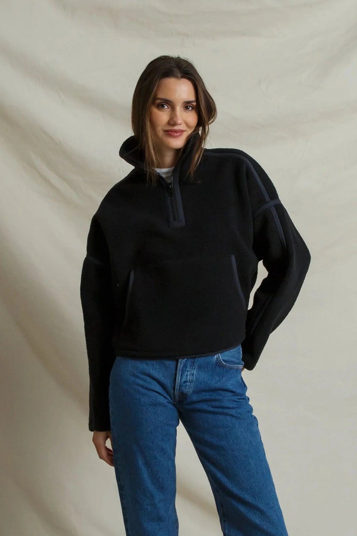 Tristan Sherpa Fleece Half Zip in True Black - view 2