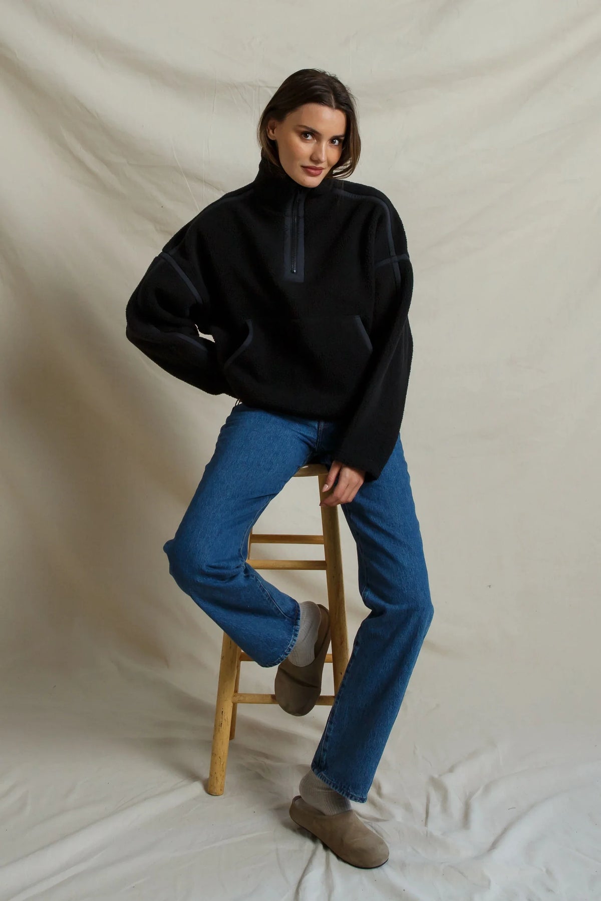 Tristan Sherpa Fleece Half Zip in True Black - view 5