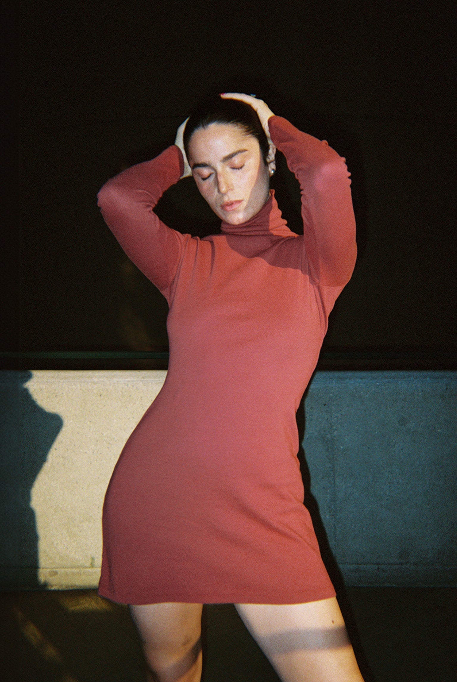 Bellevue Turtleneck Long Sleeve Mini Dress in Sangria — front view