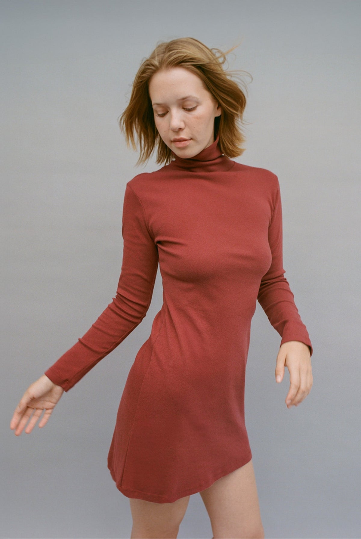 Bellevue Turtleneck Long Sleeve Mini Dress in Sangria — detail view