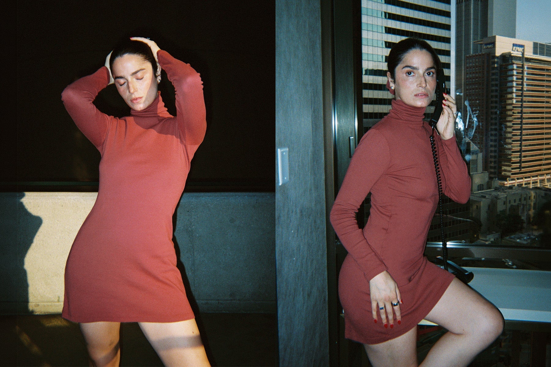 Bellevue Turtleneck Long Sleeve Mini Dress in Sangria — studio, second look