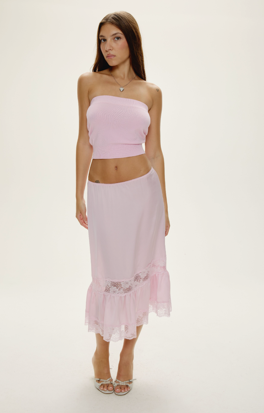Hideaway Satin Midi Skirt in Strawberries and Cream