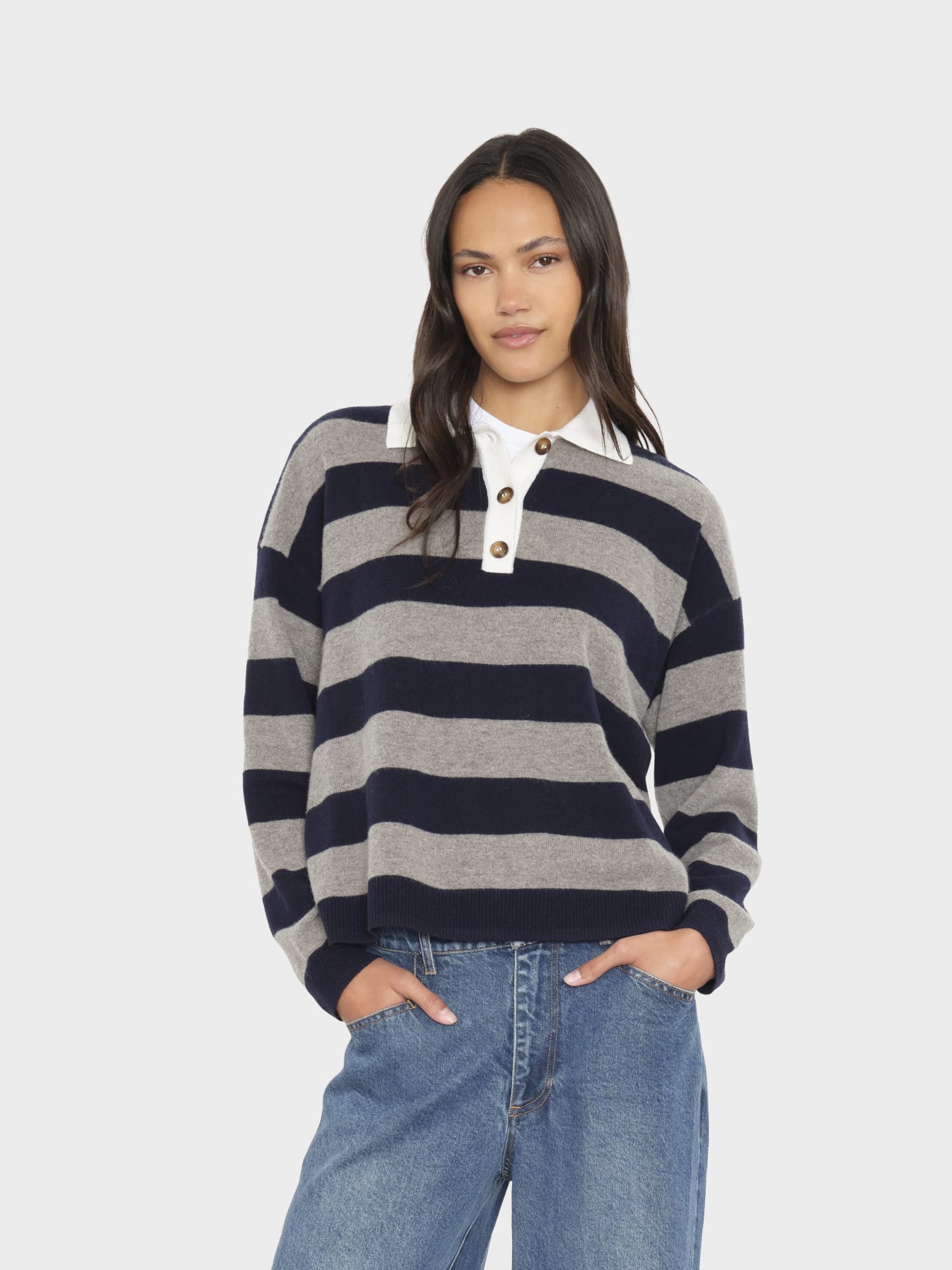 Xirena Braxton Sweater in Midnight Gray — striped rugby polo sweater, view 1