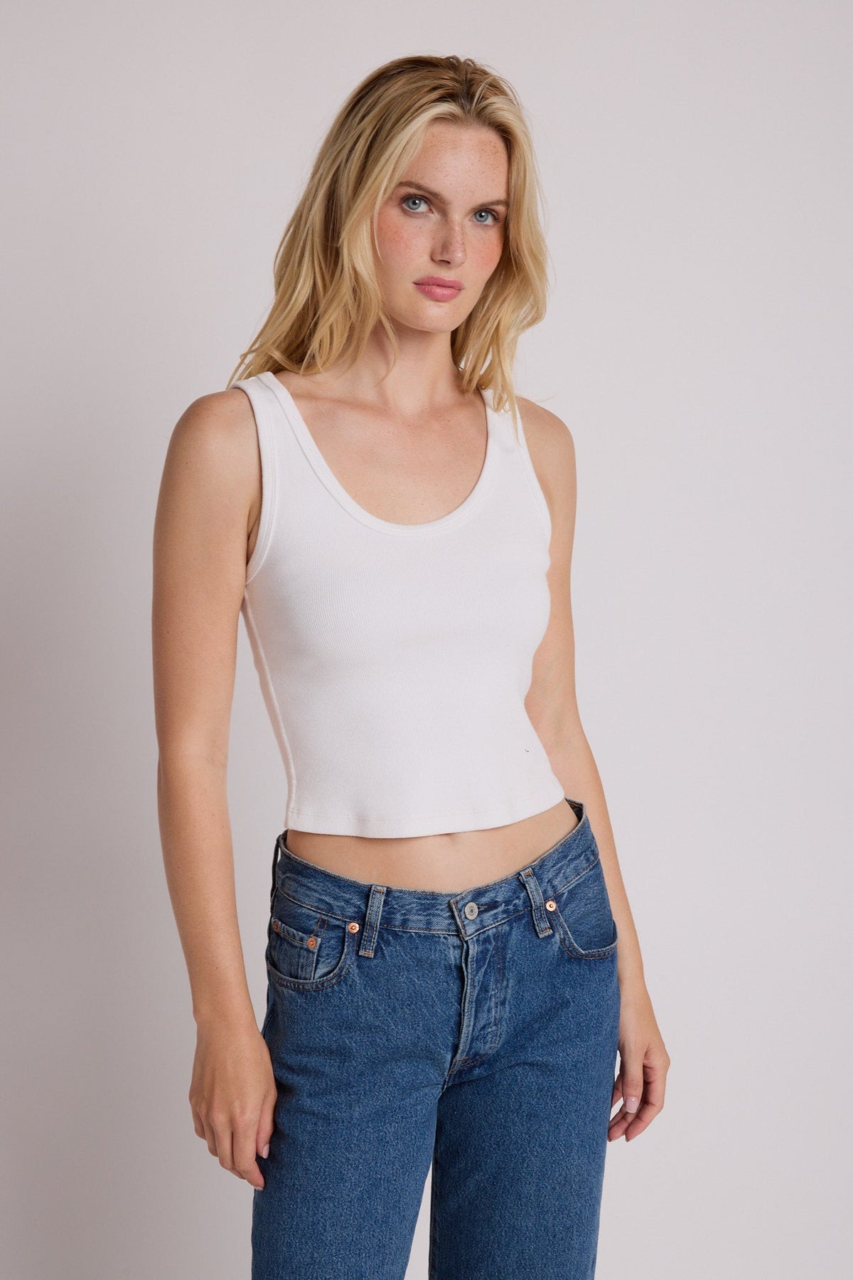 Perfect White Tee Blondie rib tank in white — front, on model